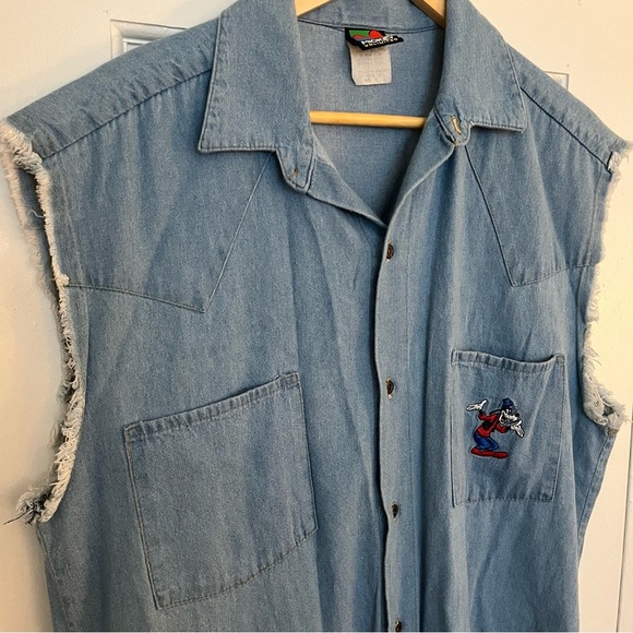 Disney Tops - DISNEY Vintage Denim Goofy Vest Button Up Top Mickey Unlimited Fringe Large
